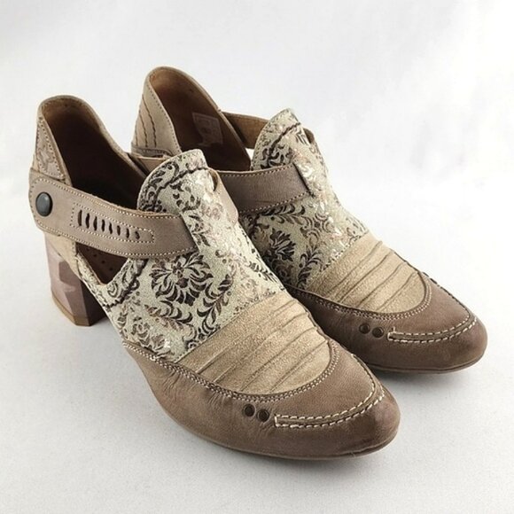 Maciejka Women's Leather Heeled Taupe Cream Floral Print Shoes Block Heel Sz 37 - Picture 2 of 16